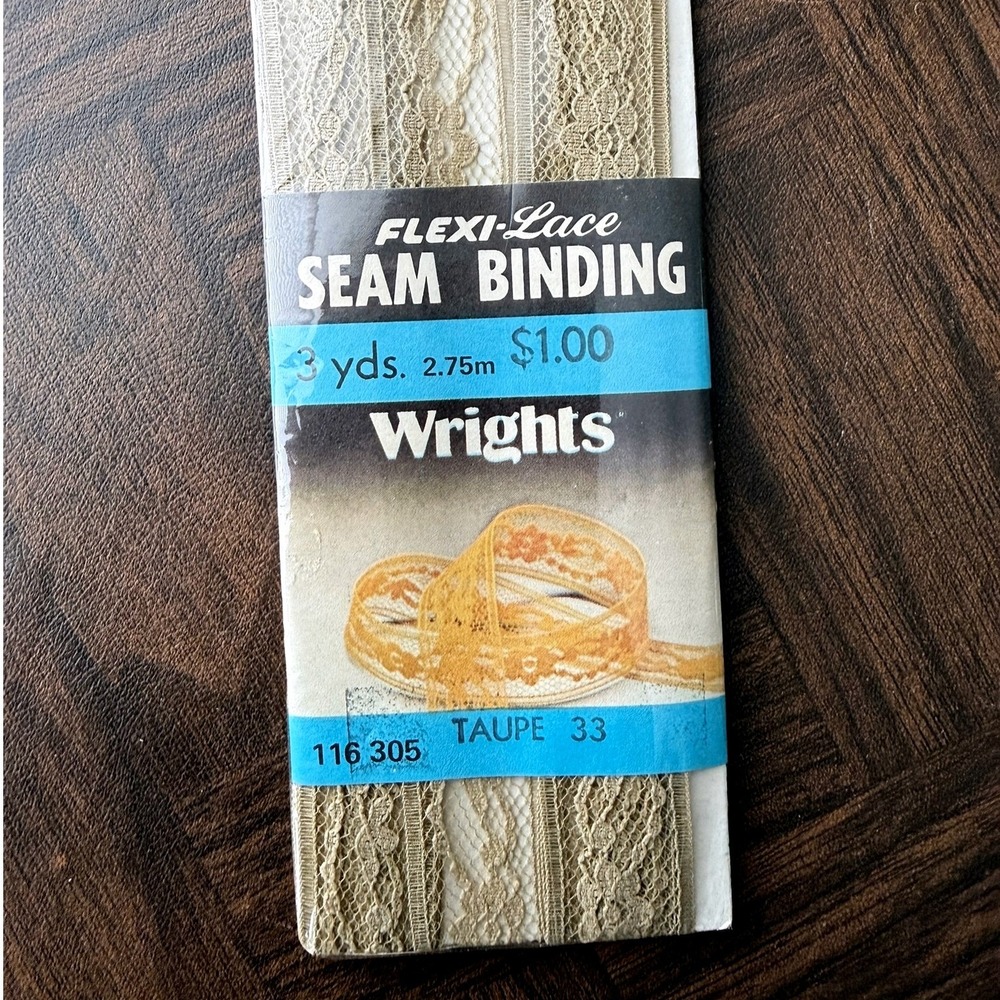 Vintage Wrights Flexi-Lace Seam Binding Taupe 33 Lace Trim 3 Yds 116 305 1986